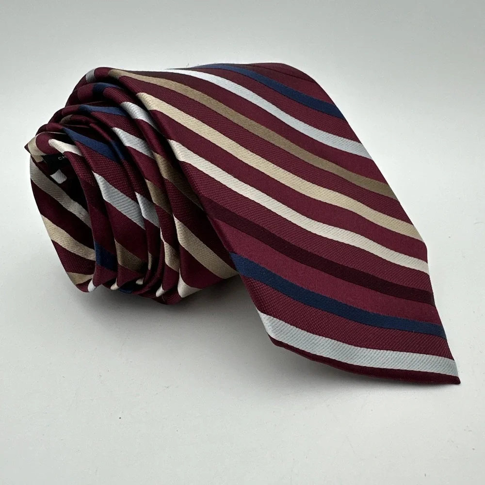 Jos. A. Bank Necktie Mens One Size Burgundy Striped Silk Hand Sewn 58‎ Inch NOS